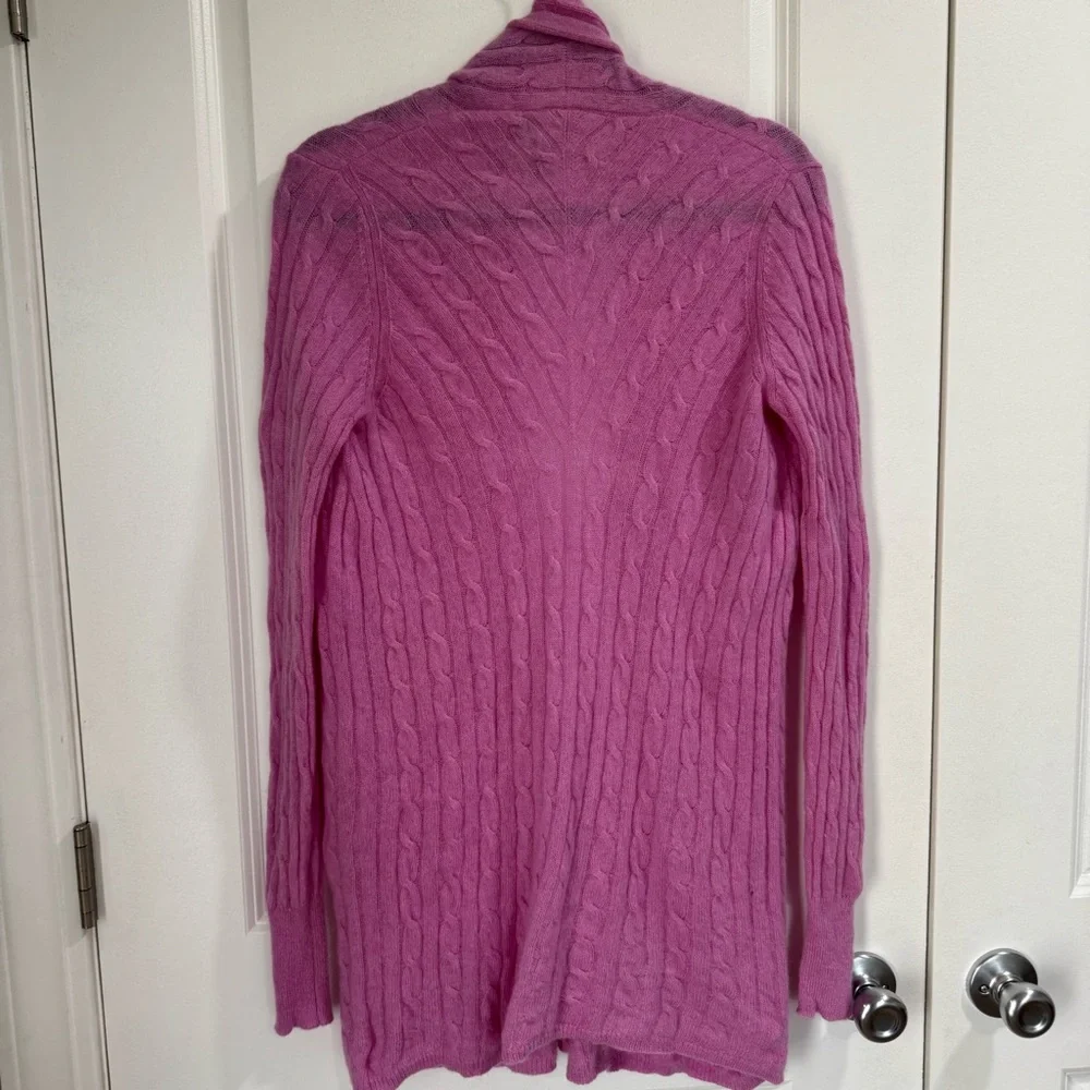 White + Warren 100% Cashmere Cable Knit Open Front Longline Cardigan Orchid M - Picture 5 of 7
